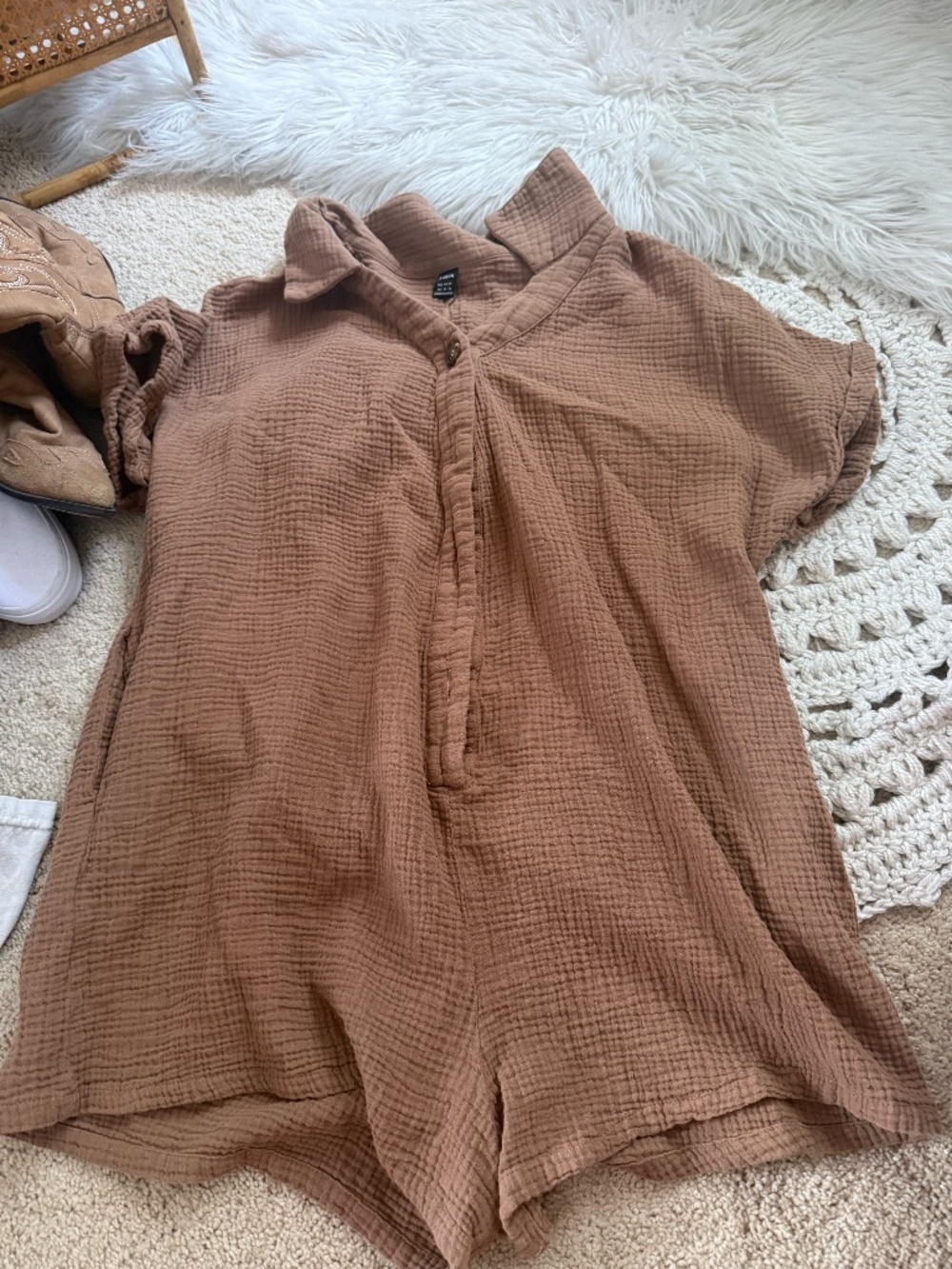Shein Curve Brown Gauzy Button Down Romper 2X Lightweight